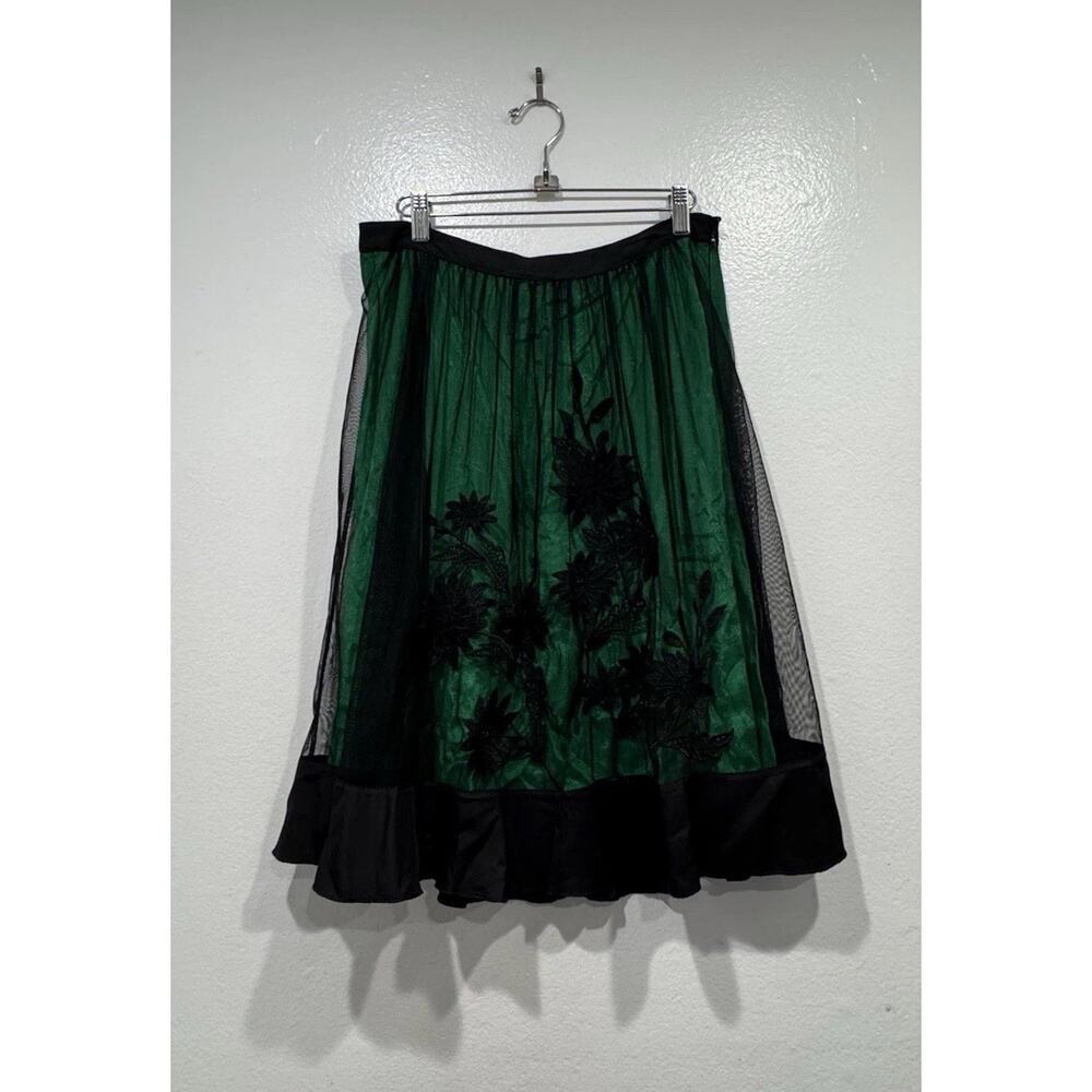 Lithe Green Sheer Black Embroidered Overlay‎ Floral Skirt Anthropologie